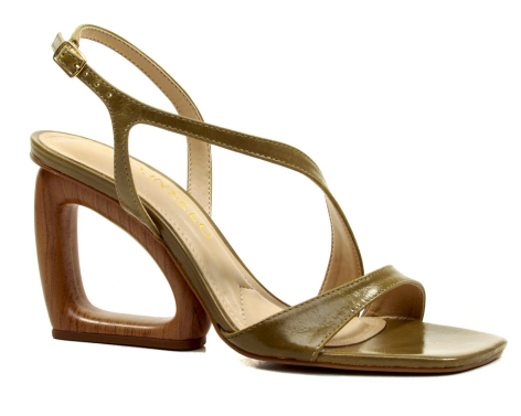 A single women's heeled sandal with a metallic olive green leather upper, square toe, and a distinctive hollow wood block heel, shown on a plain white background.